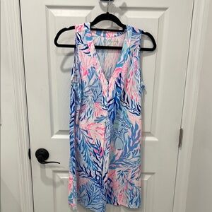Sleeveless Blue and Pink Patterned Dress